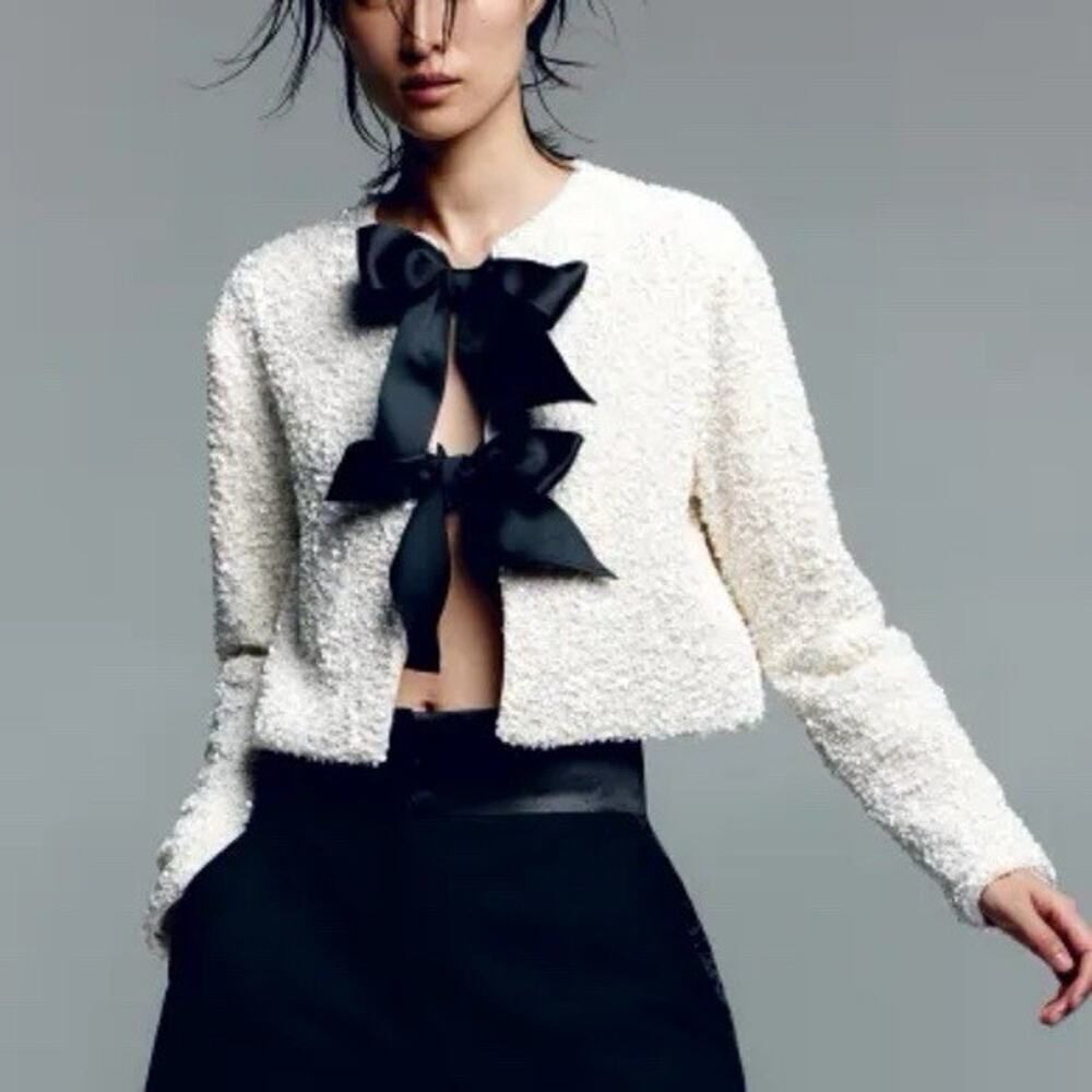NWT H&M Sequin Tie-Front Bow Jacket White Black Oversized S